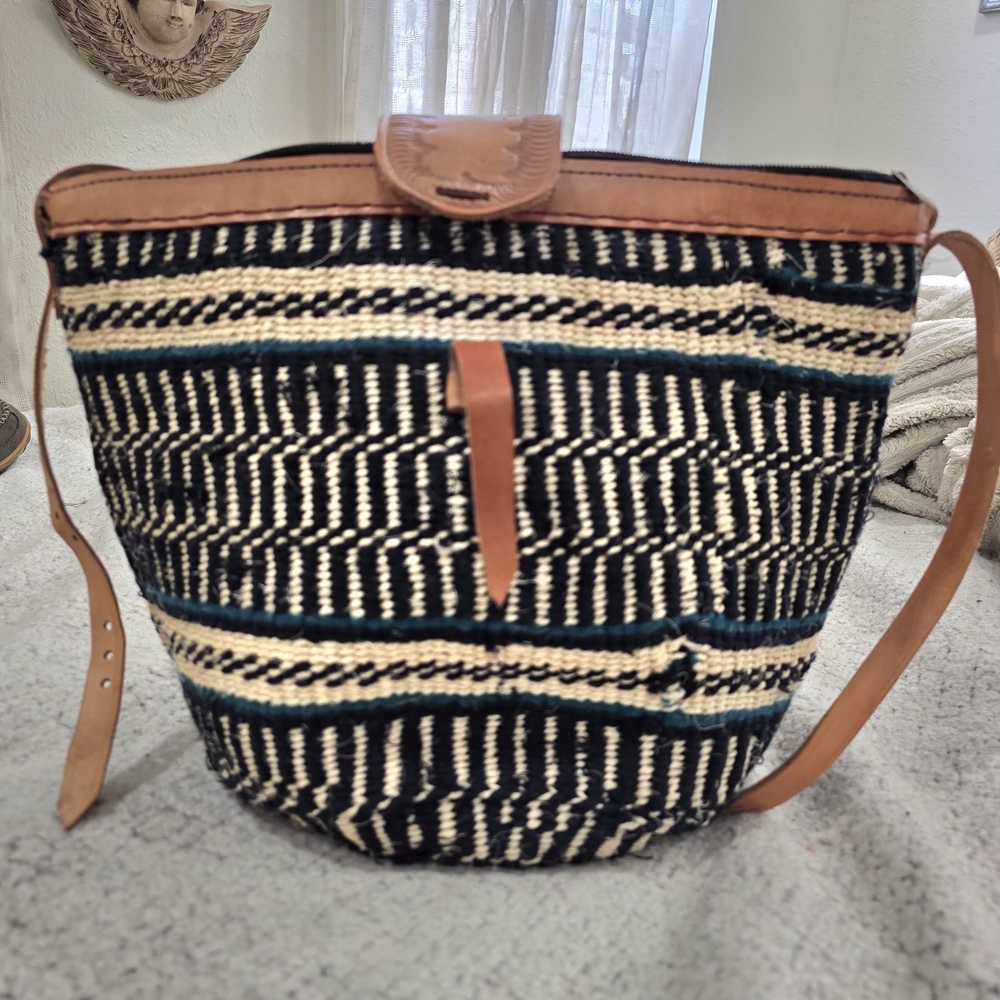 Woven Stripe Crossbody Bag with Leather Trim - Black & Cream